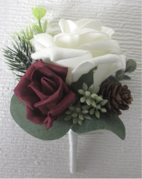 Burgundy & Ivory Rose Buttonhole with Berries & Pine Cone